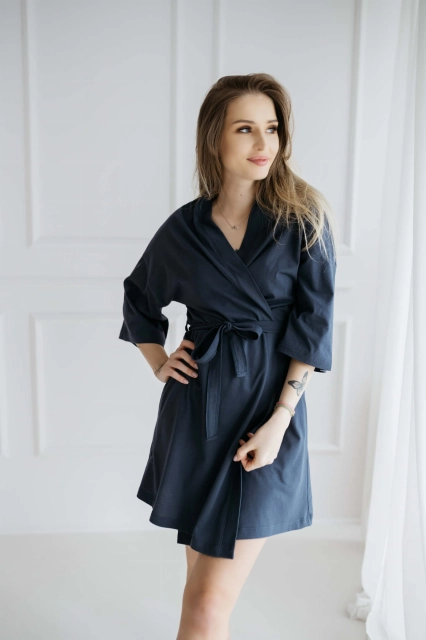 Szlafrok bawełniany z rękawem 3/4 Emma/ Deep Blue - Dolce Sonno