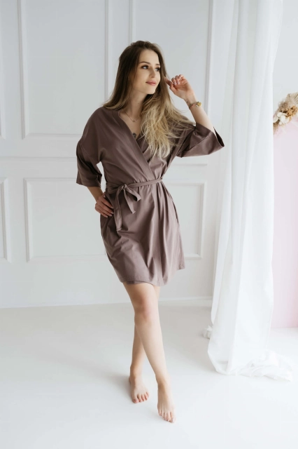 Szlafrok bawełniany z rękawem 3/4 Emma/ Taupe - Dolce Sonno
