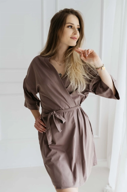 Szlafrok bawełniany z rękawem 3/4 Emma/ Taupe - Dolce Sonno