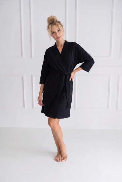 Czarny szlafrok damski Wendy z miękkiej dzianiny bawełnianej Silk Touch – Dolce Sonno