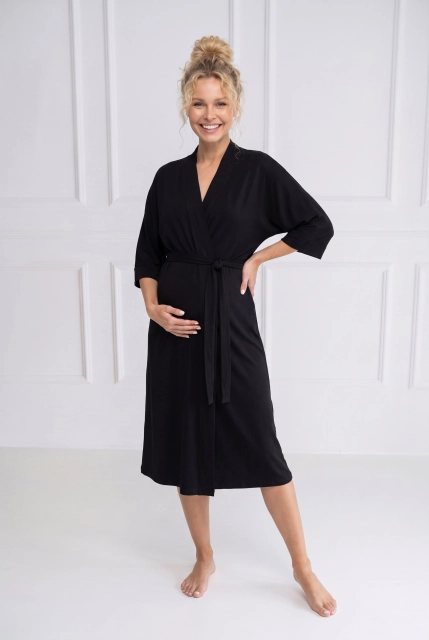 Czarny długi szlafrok damski Winnet z miękkiej dzianiny bawełnianej Silk Touch – Dolce Sonno