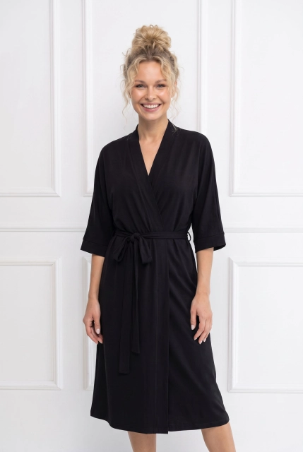 Czarny długi szlafrok damski Winnet z miękkiej dzianiny bawełnianej Silk Touch – Dolce Sonno