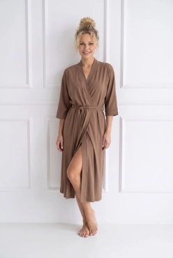 Długi szlafrok damski Winnet Mocca z miękkiej dzianiny bawełnianej Silk Touch – Dolce Sonno