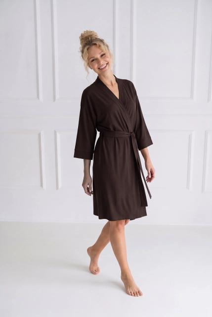 Szlafrok damski Wendy z miękkiej dzianiny bawełnianej Chocolate Silk Touch – Dolce Sonno