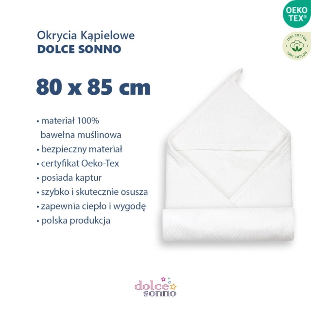 Dziecięce Muślinowe okrycie kąpielowe z kapturem 80x85 cm - Białe | Dolce Sonno