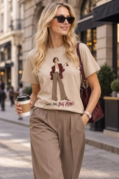 T-shirt damski z nadrukiem regular fit Beige - small bag big plans - Wualaa Women