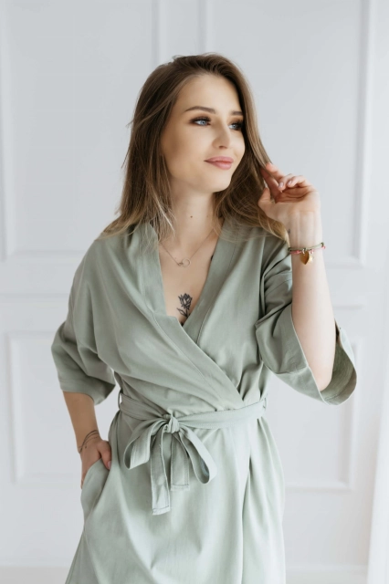 Szlafrok bawełniany z rękawem 3/4 Emma/Szałwia - Dolce Sonno