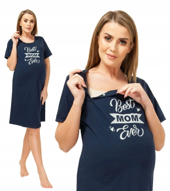 Koszula nocna ciążowa i do karmienia na napy Lara/Best Mom granatowa - Dolce Sonno