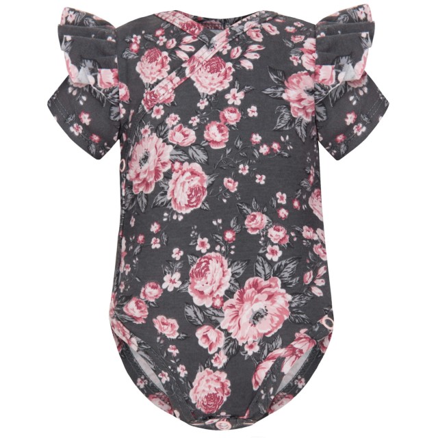 Body kopertowe niemowlęce z krótkim rękawem Kwiaty Grafit - Dolce Sonno