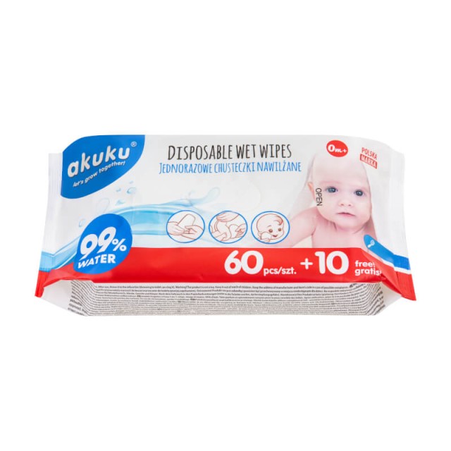 Chusteczki nawilżane 99% wodą, jednorazowe dla dzieci - Akuku