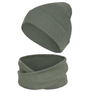 Komplet czapka z kominem dla niemowląt i dzieci, Khaki Prążek - Dolce Sonno 