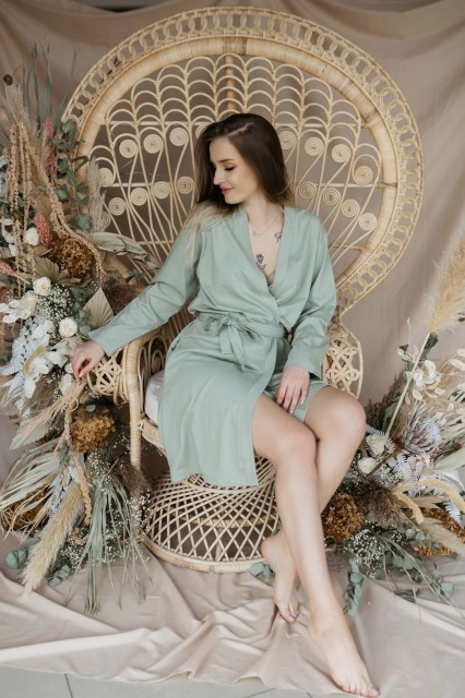 Szlafrok bawełniany z długim rękawem Ciara/ Szałwia - Dolce Sonno