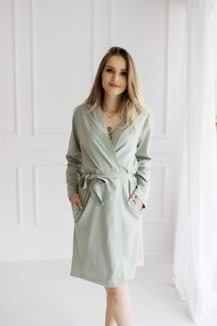 Szlafrok bawełniany z długim rękawem Ciara/ Szałwia - Dolce Sonno