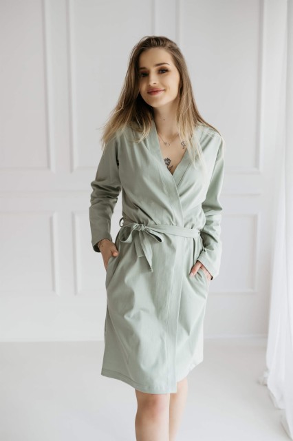 Szlafrok bawełniany z długim rękawem Ciara/ Szałwia - Dolce Sonno