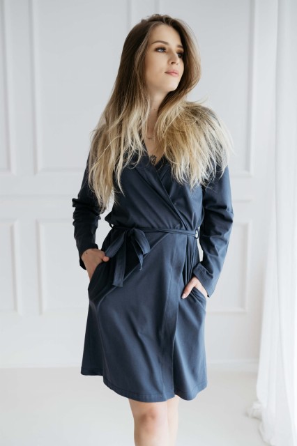 Szlafrok bawełniany z długim rękawem Ciara/ Deep Blue - Dolce Sonno
